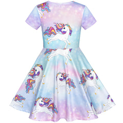 Girls Dress Blue Unicorn Short Sleeve Casual Dress Size 5-10 Years