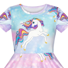 Girls Dress Blue Unicorn Short Sleeve Casual Dress Size 5-10 Years