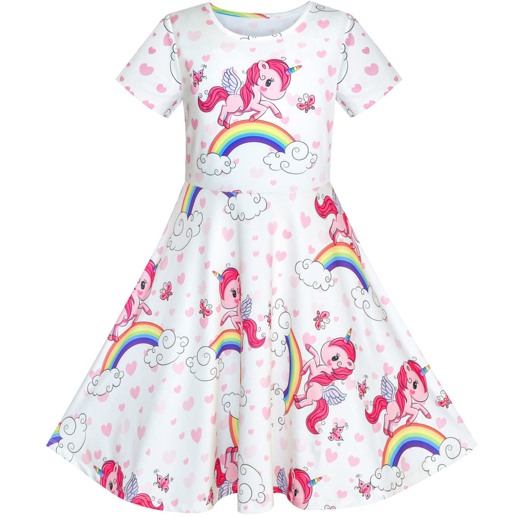 Girls Dress Unicorn Rainbow Short Sleeve Casual Dress Size 3-8 Years