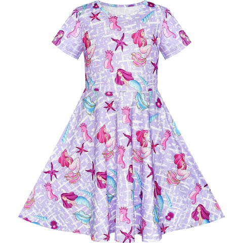 Girls Dress Mermaid Short Sleeve Casual Dress Size 5-10 Years