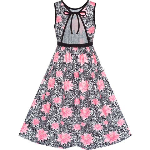 Girls Dress Tie Back Flower Casual Dress Party Size 4-14 Years