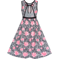 Girls Dress Tie Back Flower Black Pink Casual Dress Party Size 6-12 Years