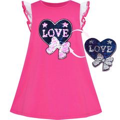 Girls Dress Cotton Casual Heart Bow Tie Embroidered Pink Size 3-7 Years