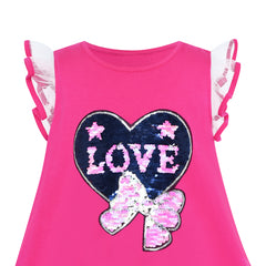 Girls Dress Cotton Casual Heart Bow Tie Embroidered Pink Size 3-7 Years