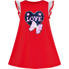 Girls Dress Cotton Casual Heart Bow Tie Embroidered Red Size 3-7 Years