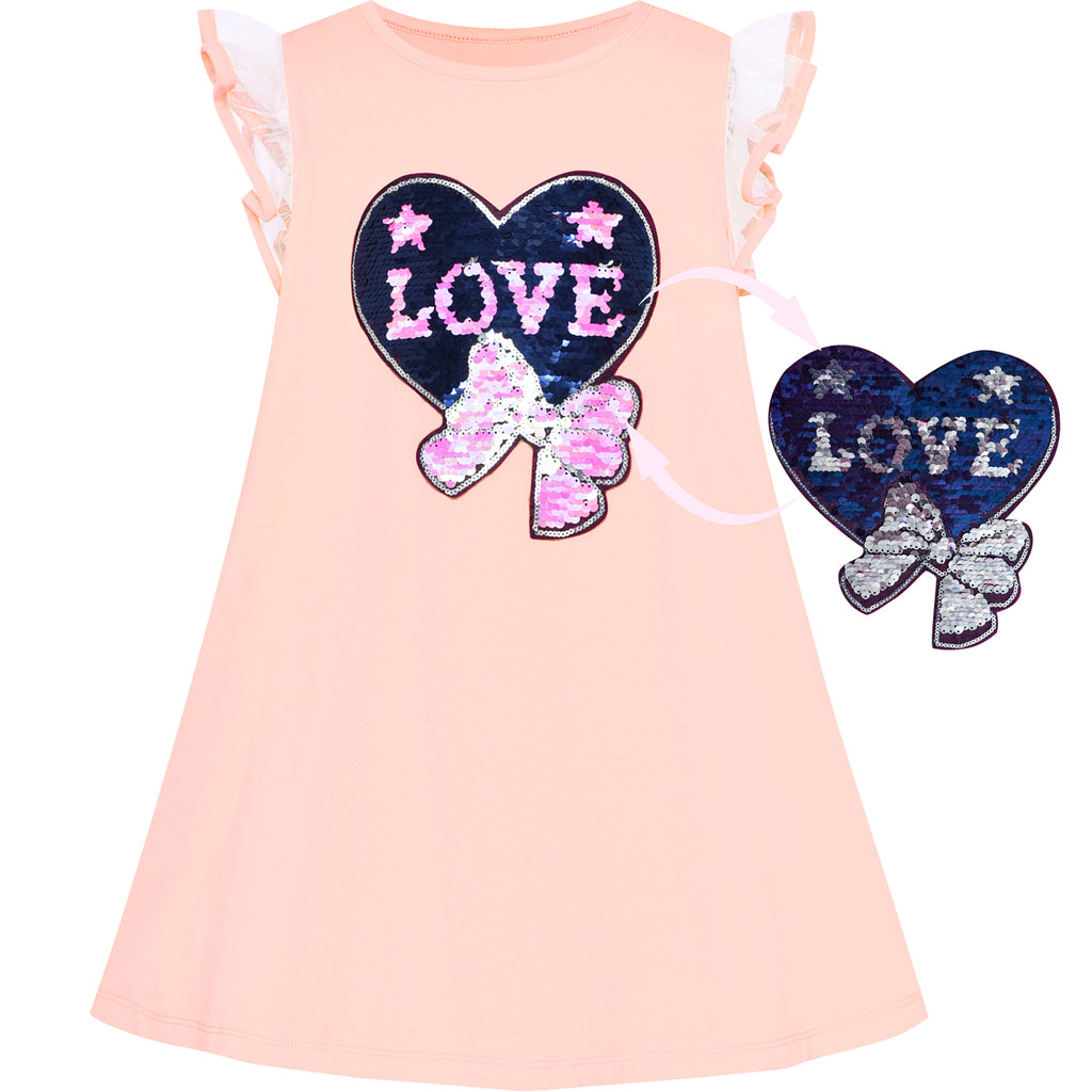 Girls Dress Cotton Casual Heart Bow Tie Embroidered Blush Pink Size 3-7 Years