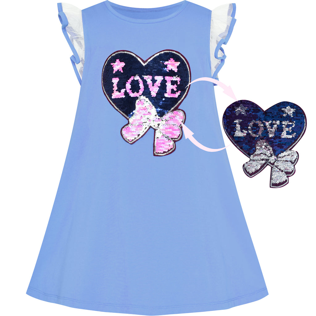 Girls Dress Cotton Casual Heart Bow Tie Embroidered Blue Size 3-7 Years