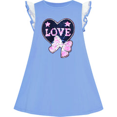 Girls Dress Cotton Casual Heart Bow Tie Embroidered Blue Size 3-7 Years