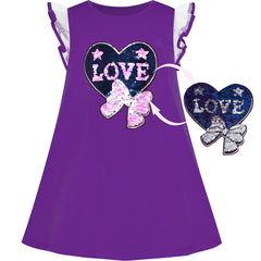Girls Dress Cotton Casual Heart Bow Tie Embroidered Purple Size 3-7 Years
