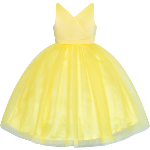 Flower Girl Dress Ball Gown V Neckline Yellow Wedding Pageant Size 4-10 Years