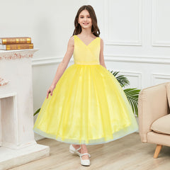 Flower Girl Dress Ball Gown V Neckline Yellow Wedding Pageant Size 4-10 Years