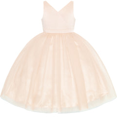 Flower Girl Dress Ball Gown V Neckline Champagne Wedding Pageant Size 4-10 Years