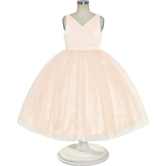 Flower Girl Dress Ball Gown V Neckline Champagne Wedding Pageant Size 4-10 Years