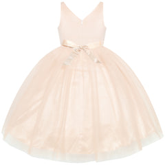 Flower Girl Dress Ball Gown V Neckline Champagne Wedding Pageant Size 4-10 Years