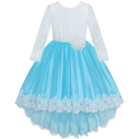 Girls Lace Dress Flower Hi-low Long Sleeve Party Wedding Size 6-14 Years