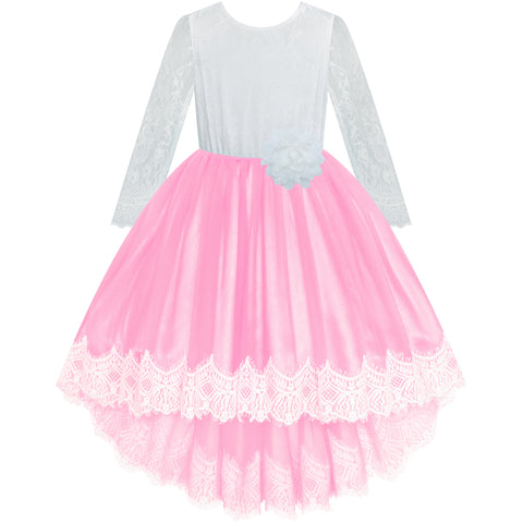 Girls Lace Dress Pink Birthday Party Wedding Bridesmaid Size 6-14 Years
