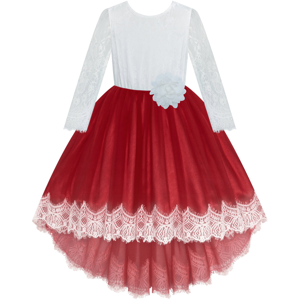 Girls Lace Dress Burgundy Red Party Wedding Bridesmaid Size 6-14 Years