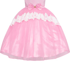 Girls Lace Dress Pink Flower Girl Long Sleeve Wedding Bridesmaid Size 6-12 Years