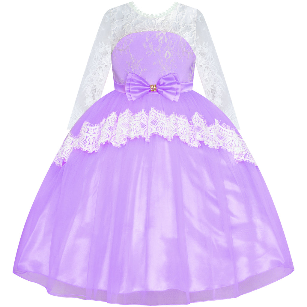 Girls Lace Dress Purple Flower Girl Long Sleeve Wedding Bridesmaid Size 6-12 Years