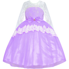 Girls Lace Dress Purple Flower Girl Long Sleeve Wedding Bridesmaid Size 6-12 Years