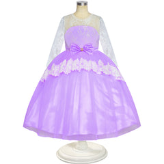 Girls Lace Dress Purple Flower Girl Long Sleeve Wedding Bridesmaid Size 6-12 Years