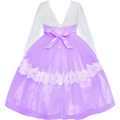 Girls Lace Dress Purple Flower Girl Long Sleeve Wedding Bridesmaid Size 6-12 Years