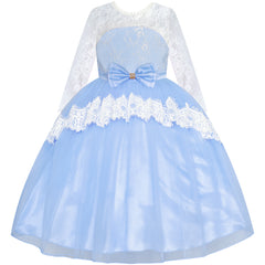Girls Lace Dress Blue Flower Girl Long Sleeve Wedding Bridesmaid Size 6-12 Years