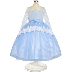 Girls Lace Dress Blue Flower Girl Long Sleeve Wedding Bridesmaid Size 6-12 Years