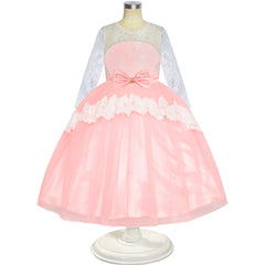 Girls Lace Dress Light Pink Flower Girl Long Sleeve Wedding Bridesmaid Size 6-12 Years