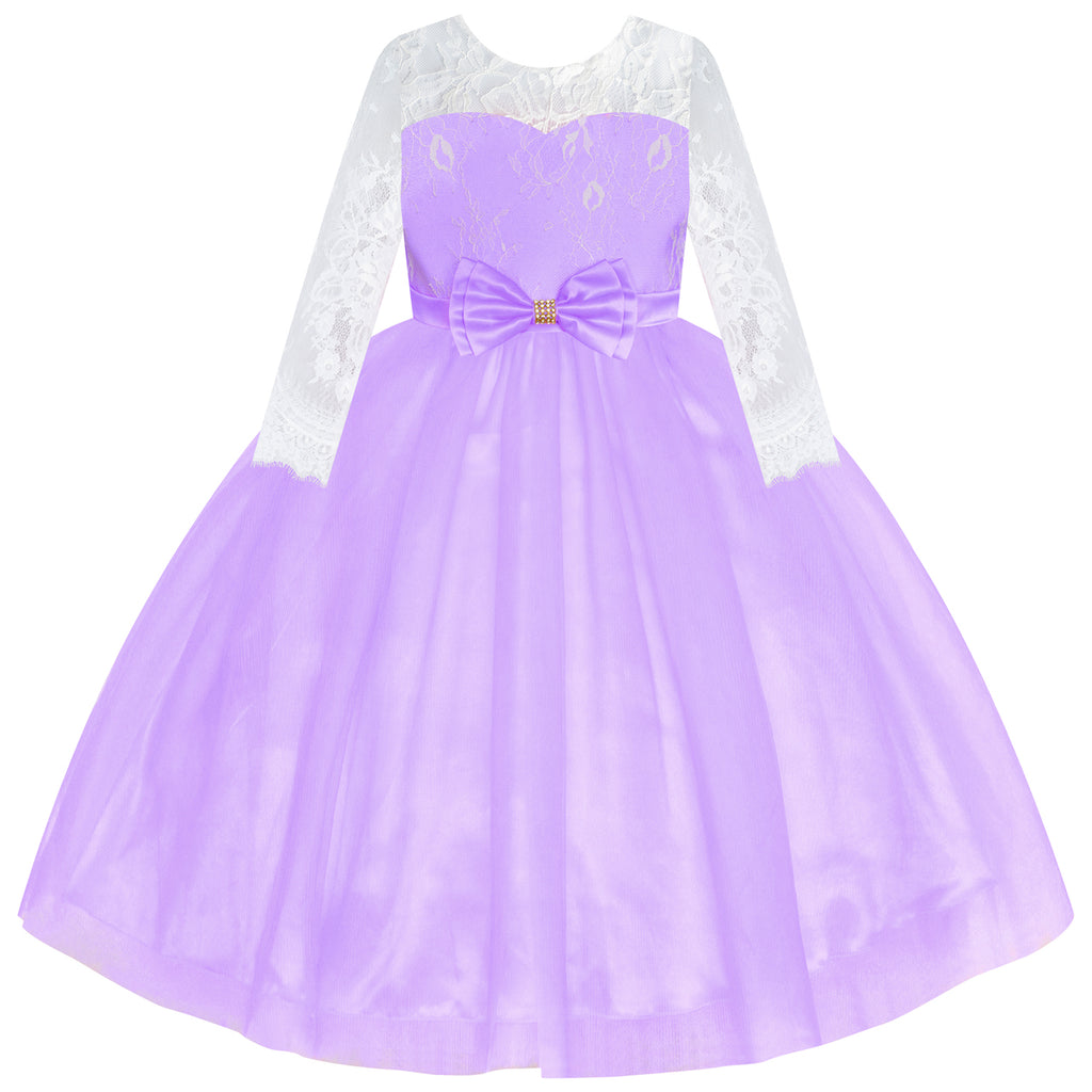 Flower Girl Dress Purple Lace Long Sleeve Wedding Ball Gown Size 6-12 Years