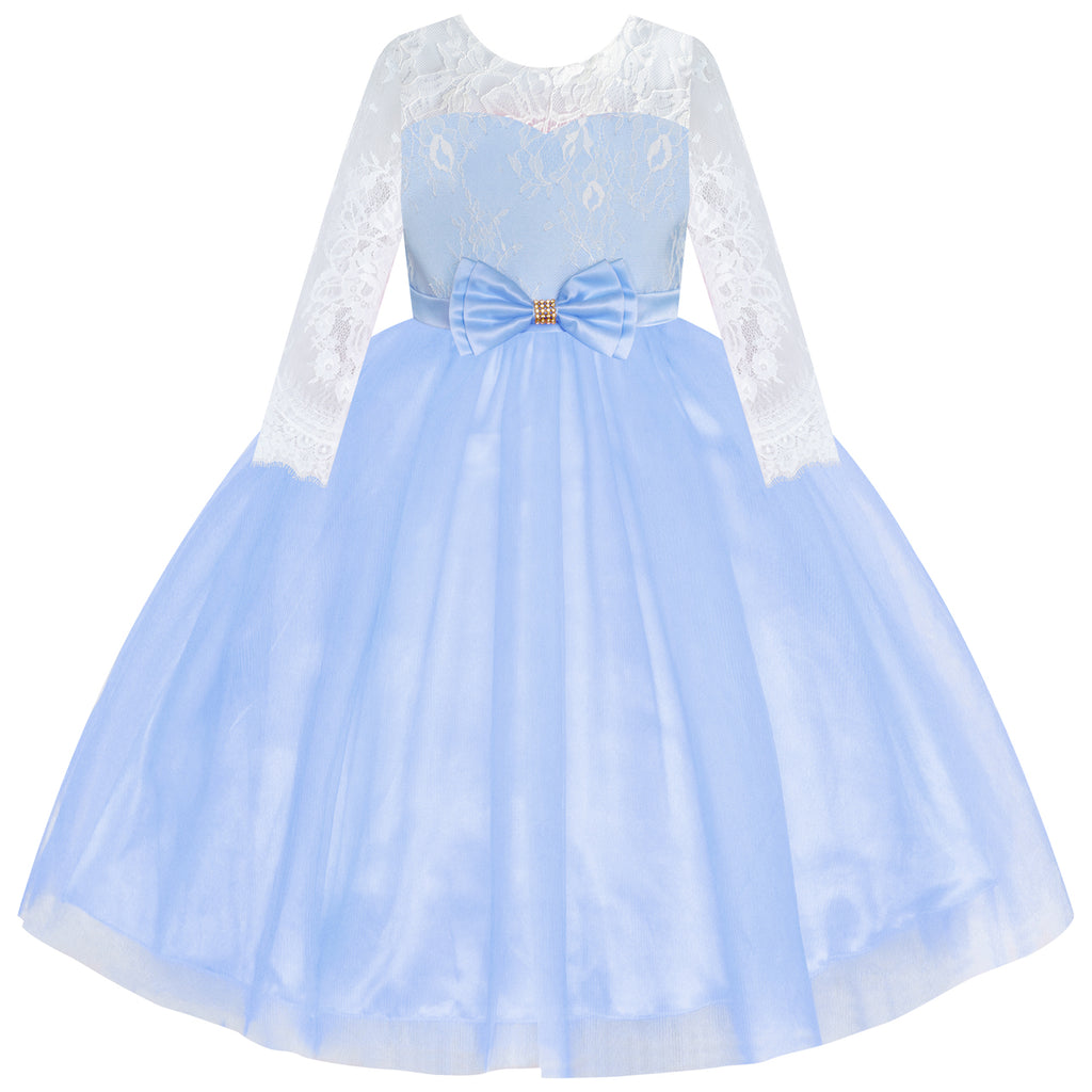 Flower Girl Dress Blue Lace Long Sleeve Wedding Ball Gown Size 6-12 Years