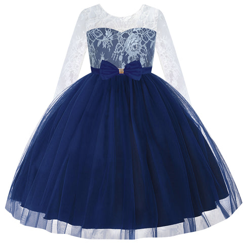 Flower Girl Dress Navy Blue Lace Long Sleeve Wedding Size 6-12 Years