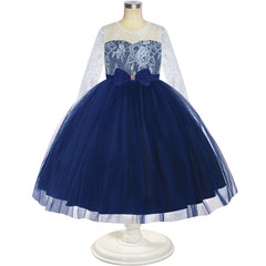 Flower Girl Dress Navy Blue Lace Long Sleeve Wedding Size 6-12 Years