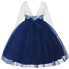 Flower Girl Dress Navy Blue Lace Long Sleeve Wedding Size 6-12 Years