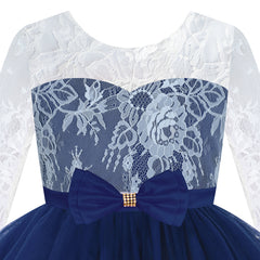 Flower Girl Dress Navy Blue Lace Long Sleeve Wedding Size 6-12 Years
