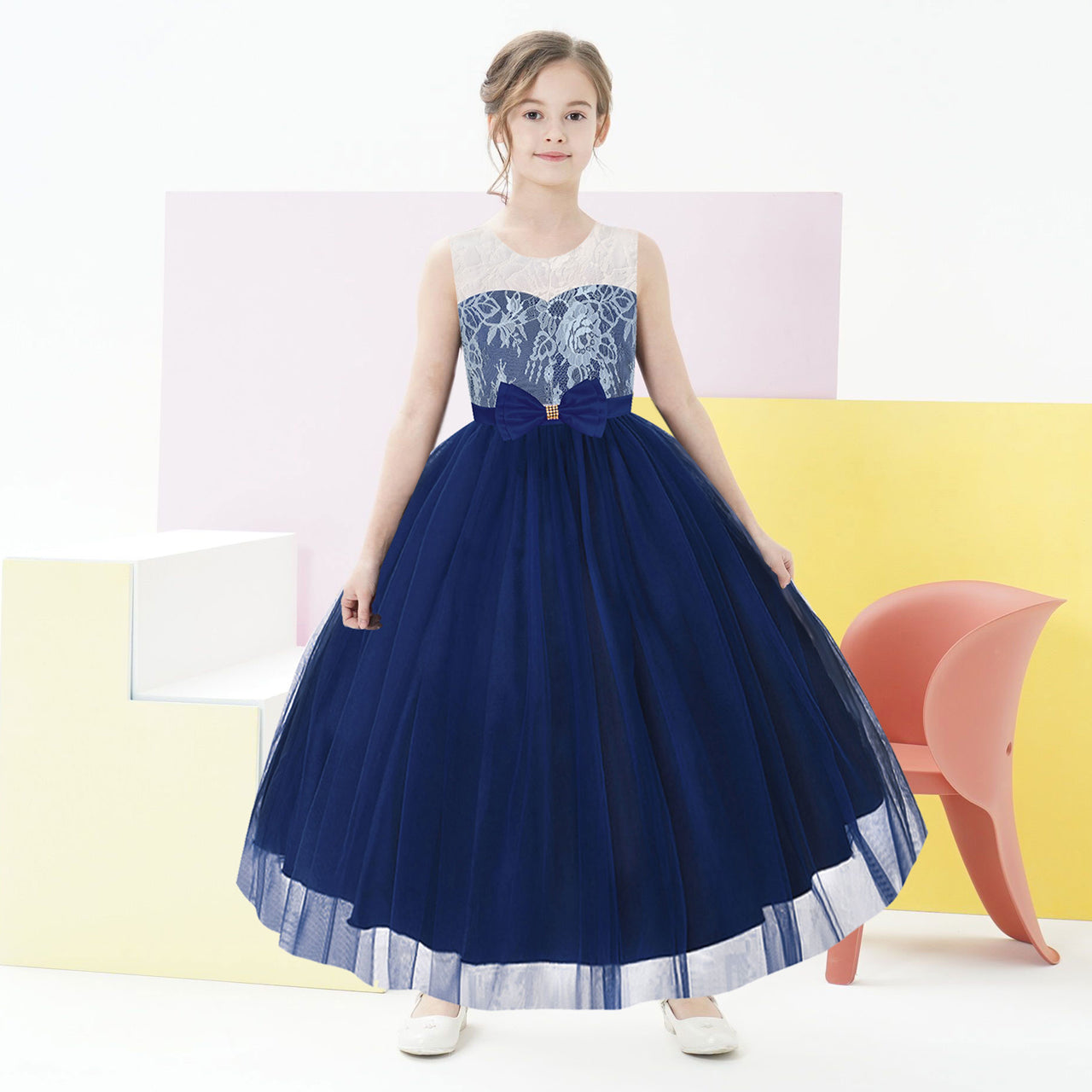 Flower Girl Dress Navy Blue Lace Sleeveless Wedding Size 6-12 Years