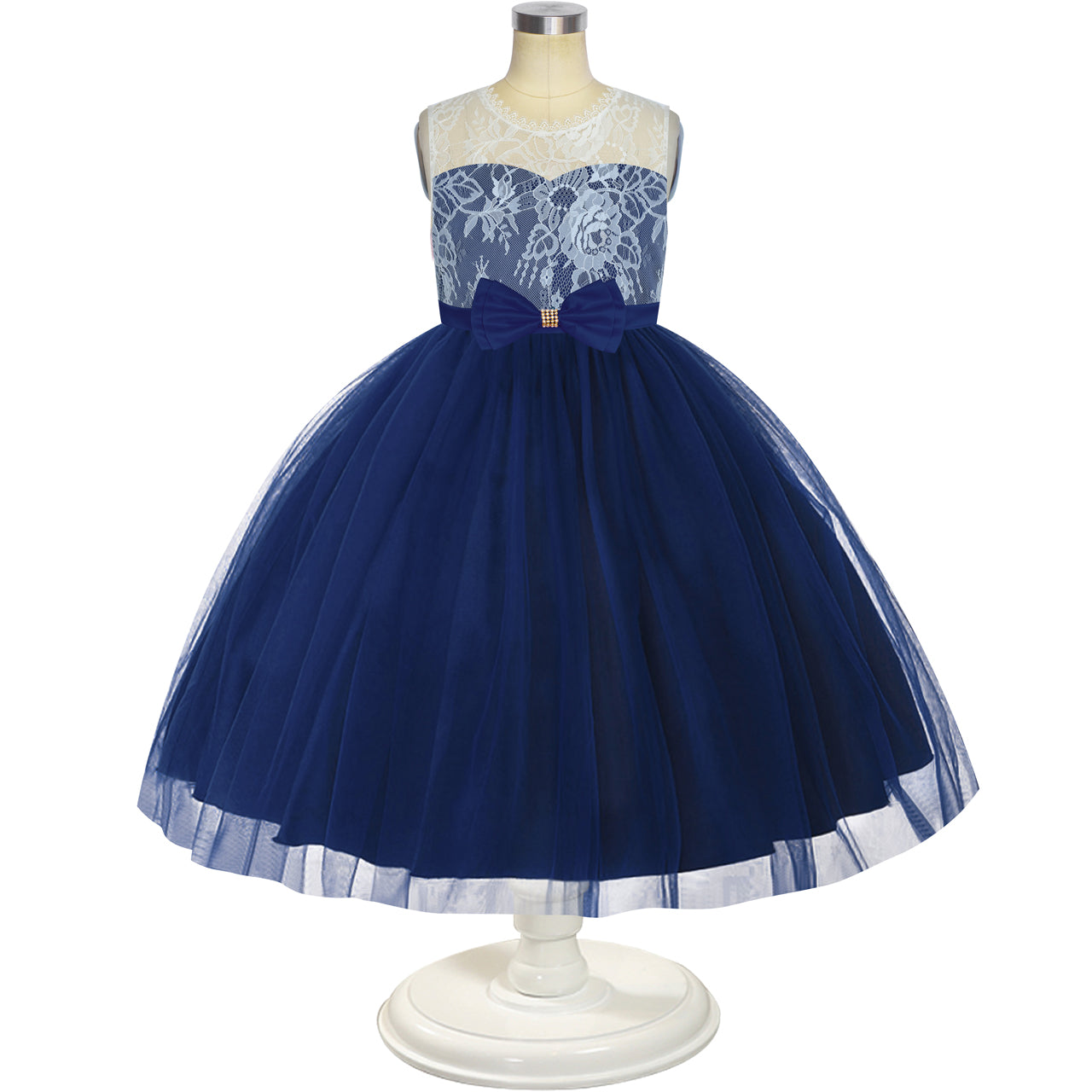 Flower Girl Dress Navy Blue Lace Sleeveless Wedding Size 6-12 Years
