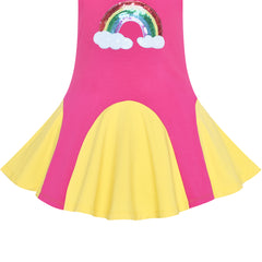 Girls Dress Pink Yellow Rainbow Unicorn Short Sleeve Cotton Casual Size 3-7 Years