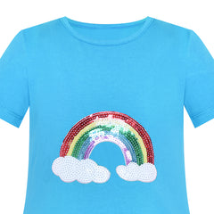 Girls Dress Blue Rainbow Unicorn Short Sleeve Cotton Casual Size 3-7 Years