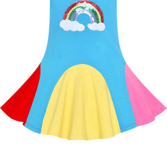 Girls Dress Blue Rainbow Unicorn Short Sleeve Cotton Casual Size 3-7 Years