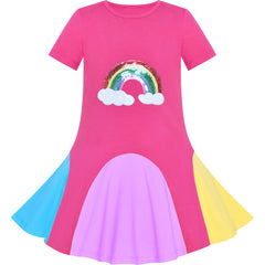 Girls Dress Pink Rainbow Unicorn Short Sleeve Cotton Casual Size 3-7 Years