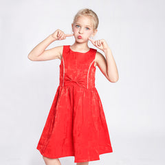 Girls Dress Vintage Red Fit Flare Jacquard Satin Fabric Party Size 5-12 Years