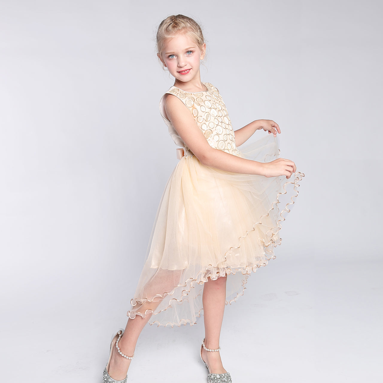 Girls Dress Champagne Hi-low Skirt Elegant Wedding Size 4-10 Years
