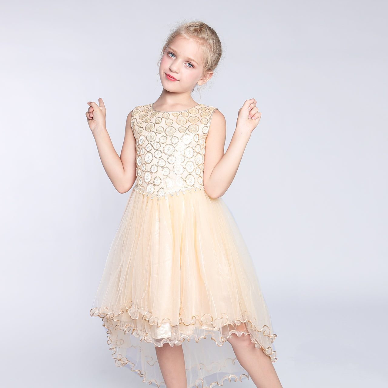 Girls Dress Champagne Hi-low Skirt Elegant Wedding Size 4-10 Years