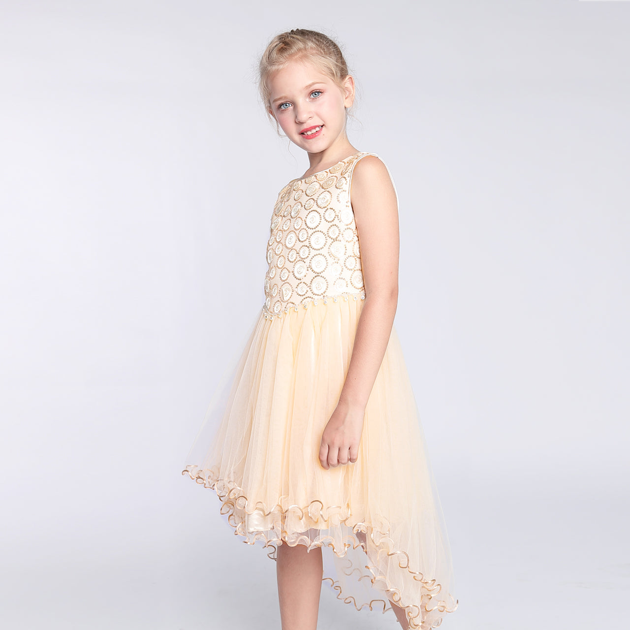Girls Dress Champagne Hi-low Skirt Elegant Wedding Size 4-10 Years