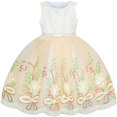 Girls Dress Champagne Embroidered Flower Elegant Wedding Size 6-12 Years