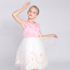 Flower Girl Dress Pink Flower Embroidered Ruffle Skirt Size 6-12 Years