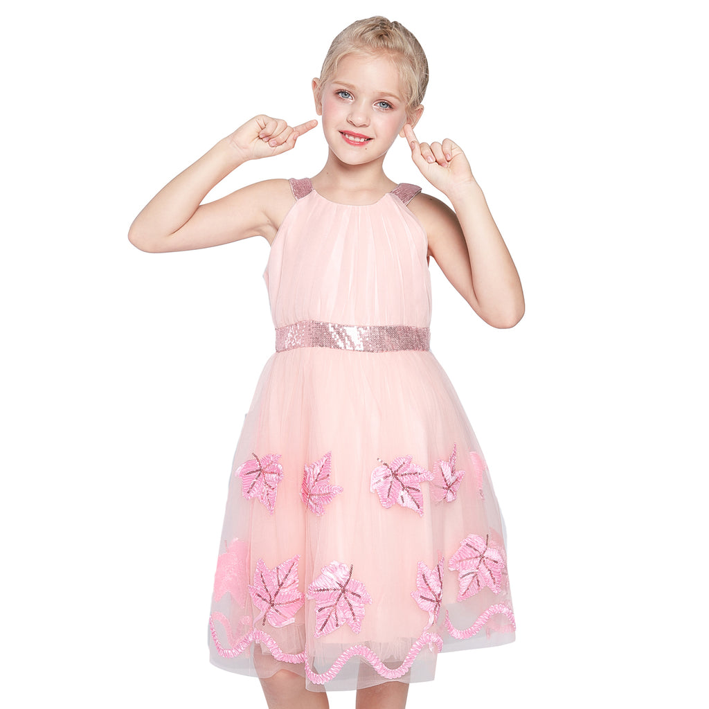 Flower Girl Dress Blush Pink Maple Leaf Embroidered Halter Dress Size 6-12 Years
