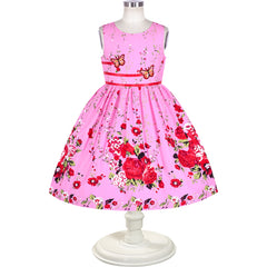 Girls Dress Rose Flower Double Bow Tie Party Sundress Casual Size 4-12 Years