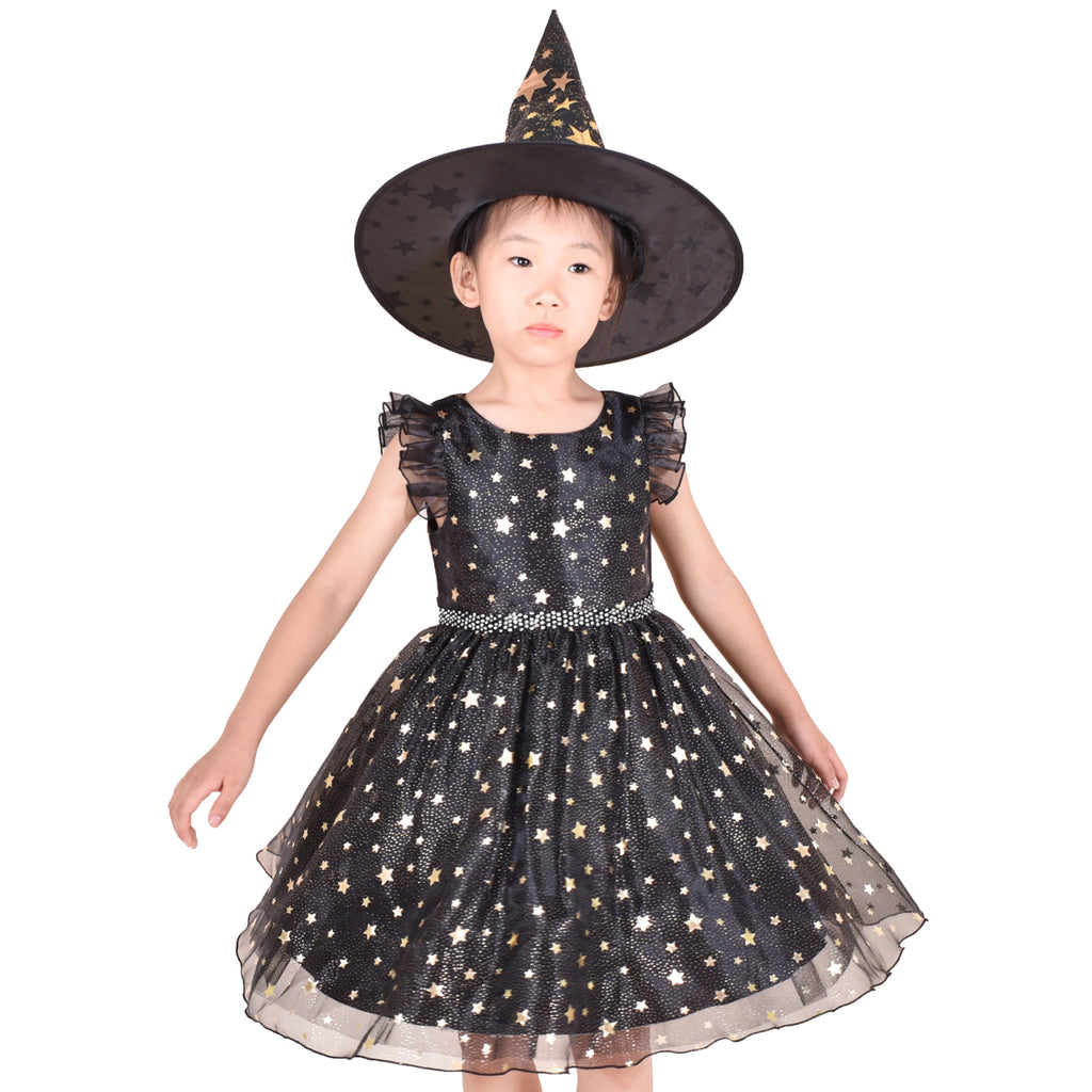 Girls Dress Set Halloween Witch Costume Black Sparkling Star Witch Hat Size 4-10 Years
